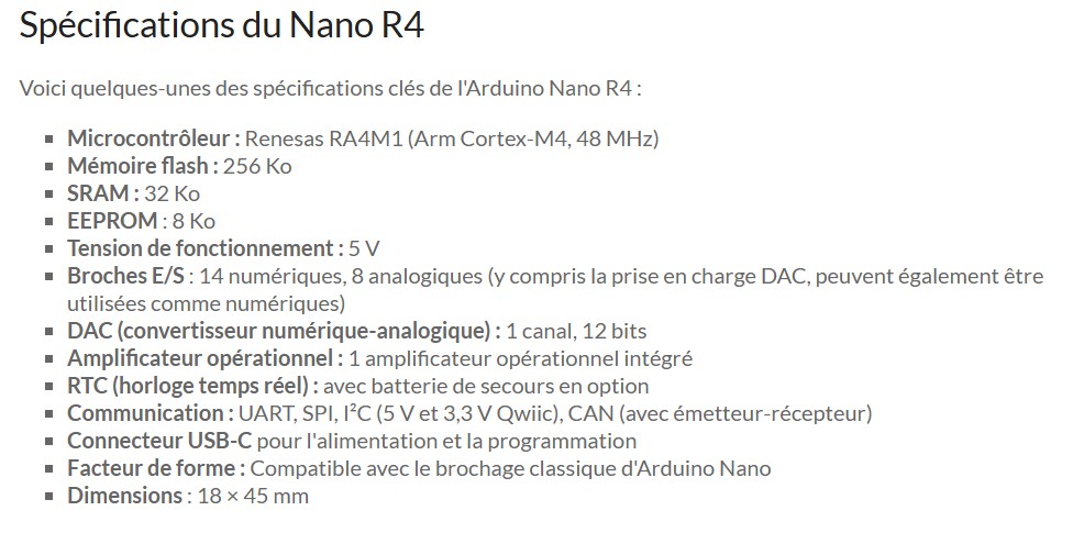 spécifications Arduino Nano R4